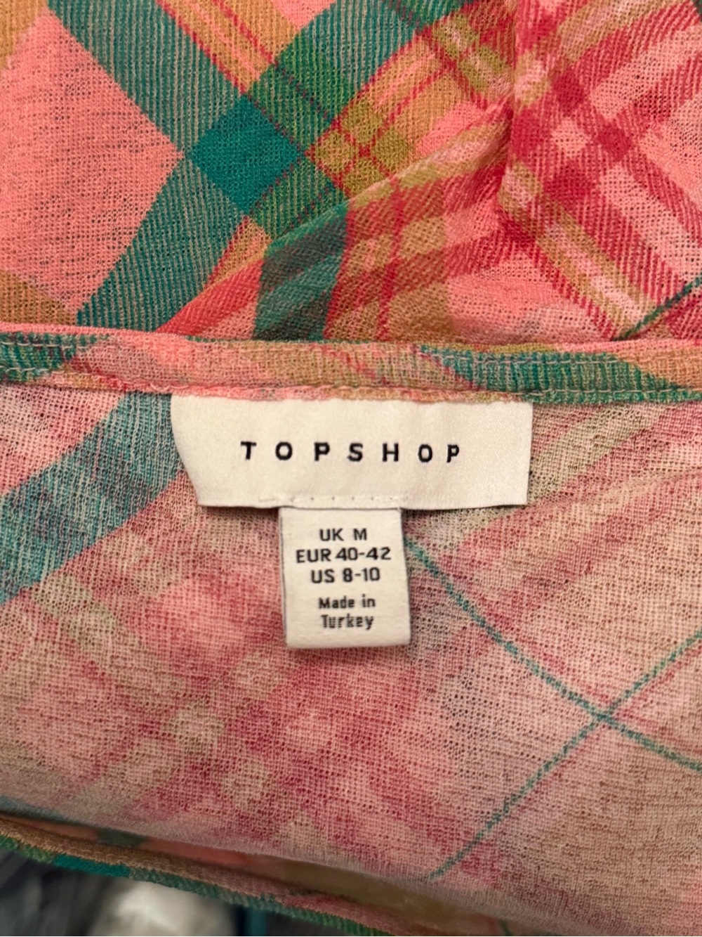 Topshop Pink and Teal Plaid Sheer Lightweight Blouse - Picture 5 of 5